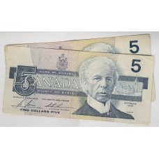 CANADA 1986 . FIVE 5 DOLLAR BANKNOTES . 2x BONIN / THIESSEN . SCARCE TYPE